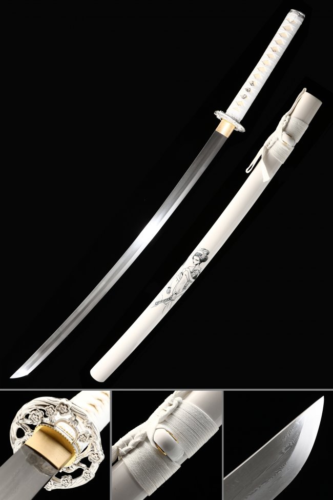 Damascus Steel White Katana with Manga-Themed Saya and Floral Silver Tsuba - Collectible Japanese Sword