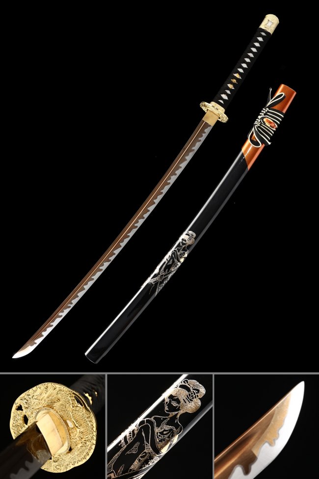 1045 Carbon Steel Katana with Gold Flame Blade, Dragon Tsuba in Black & Orange Koshirae