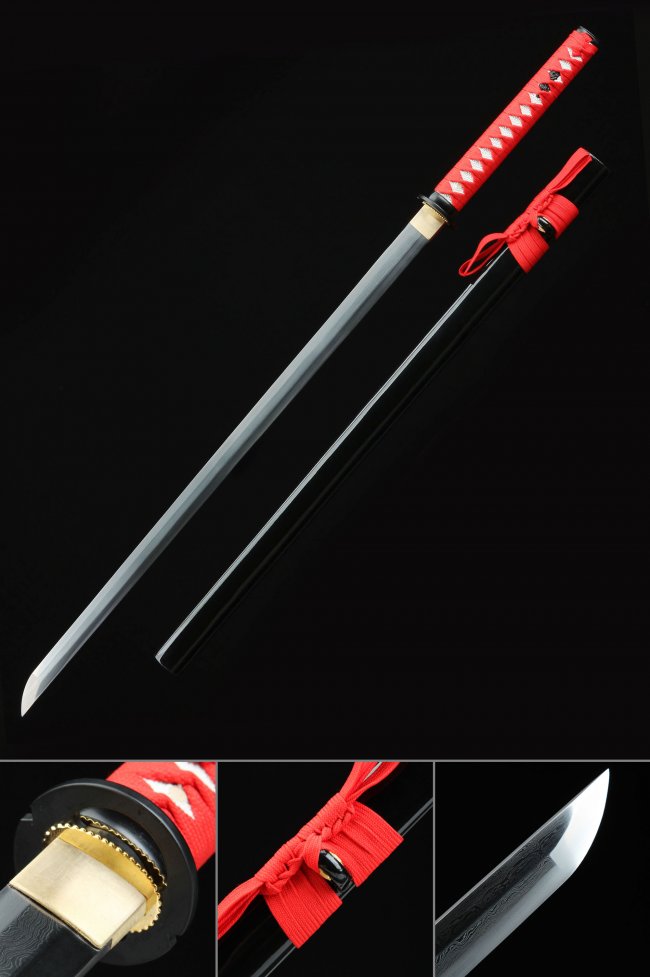 Damascus Steel Ninjato with Red Cord Handle in Black Lacquer Saya - Full Tang Collectible