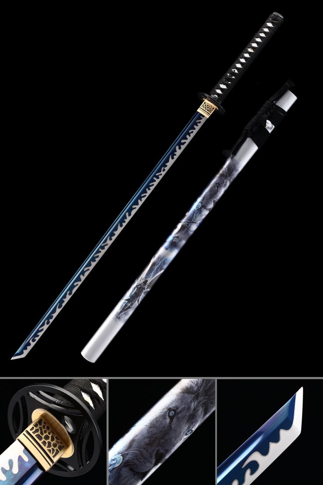 Manganese Steel Blue Blade Straight Katana with Wolf Saya & Black-Gold Geometric Tsuba