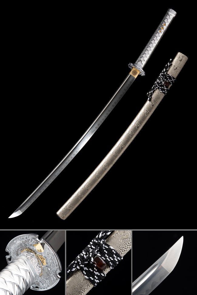 Dragon Tsuba Manganese Steel Katana, Full Tang, Handcrafted & Silver Dragon Saya