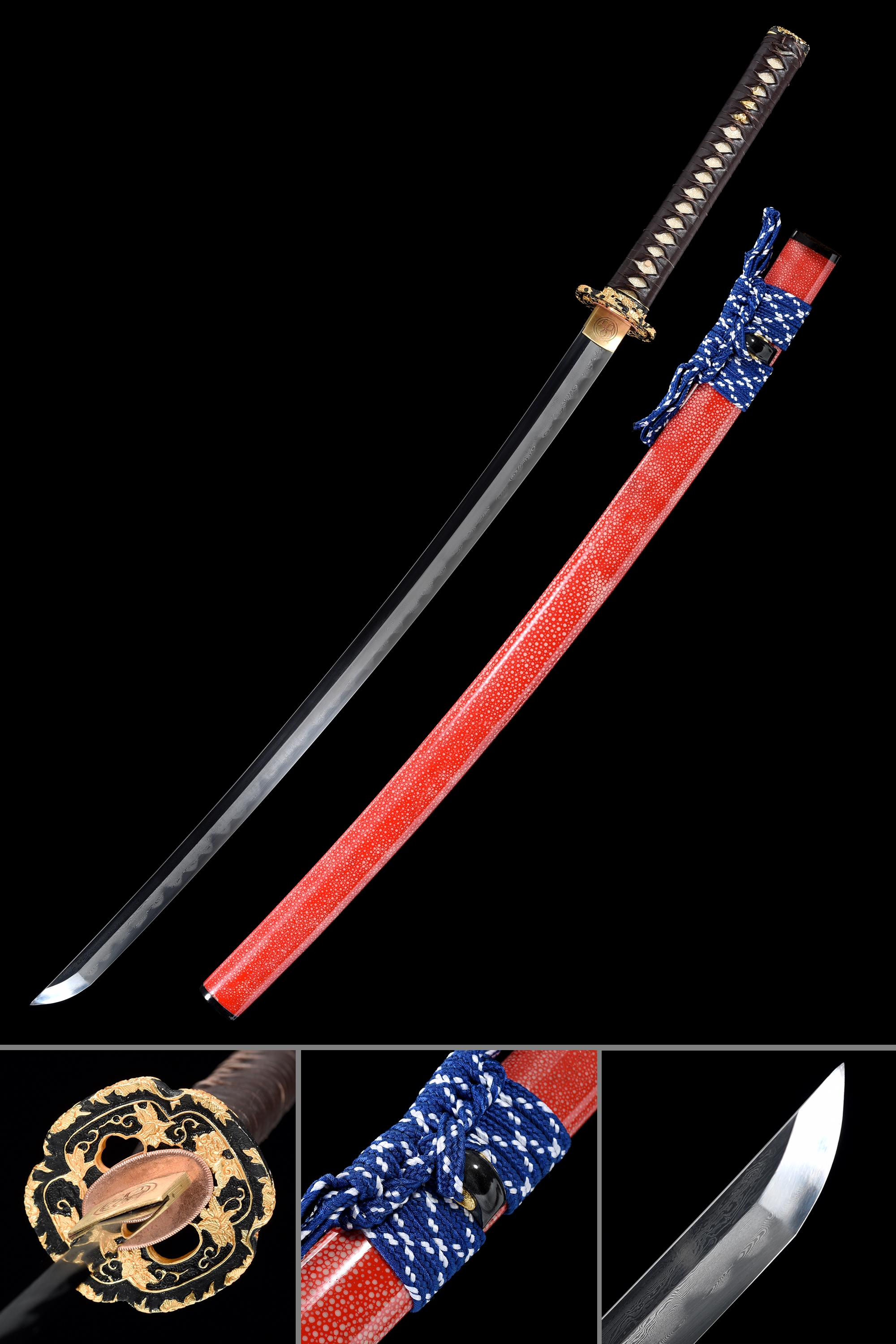 High-performance Japanese Katana Sword Pattern Steel With Red Rayskin Saya