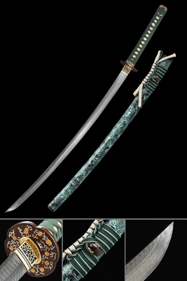 Damascus Steel Katana with Teal Marble Saya - Green Cord Handle, Chrysanthemum Tsuba, 28.74" Blade
