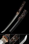 T10 Carbon Steel Tanto with Real Hamon in Black Saya - Brown & Black Cord Handle, Gold Alloy Tsuba