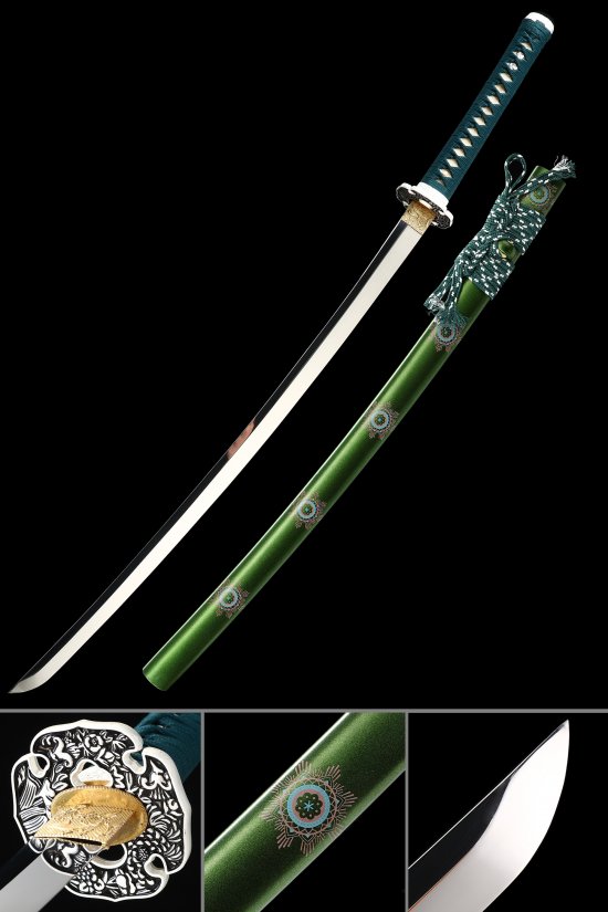 Green Katana 1095 Carbon Steel High-Polish Blade with Peony Alloy Tsuba and Green Hardwood Saya