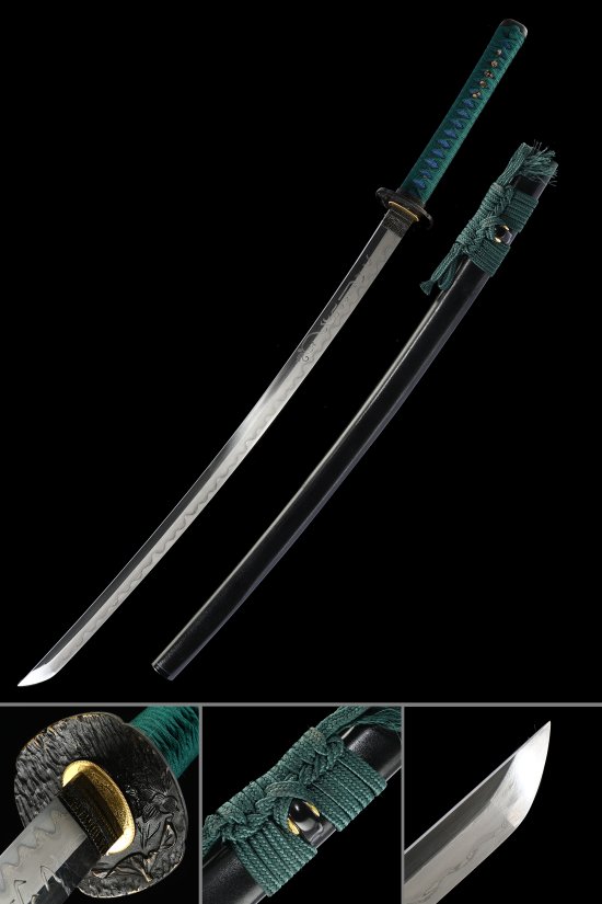 Folded Melaleuca Steel Katana with Teal Cord Handle, Wave Engraving & Black Lacquer Saya