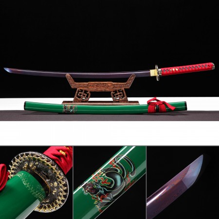 Handmade Pattern Steel Red Blade Real Japanese Katana Samurai Sword With Green Scabbard