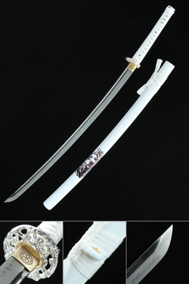 White T10 Clay Tempered Katana with Real Hamon in Piano Lacquer Saya and Silver Flower Tsuba