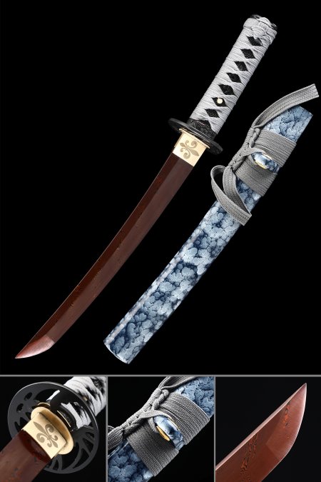 Handmade Japanese Tanto Sword Damascus Steel With Red Blade