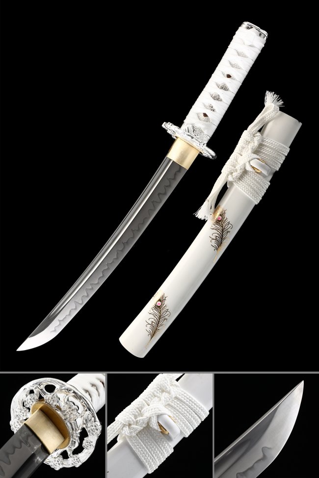 T10 Carbon Steel Tanto with Real Hamon - White Piano Lacquer Saya with Peacock Feather Design and Silver Dragon Tsuba