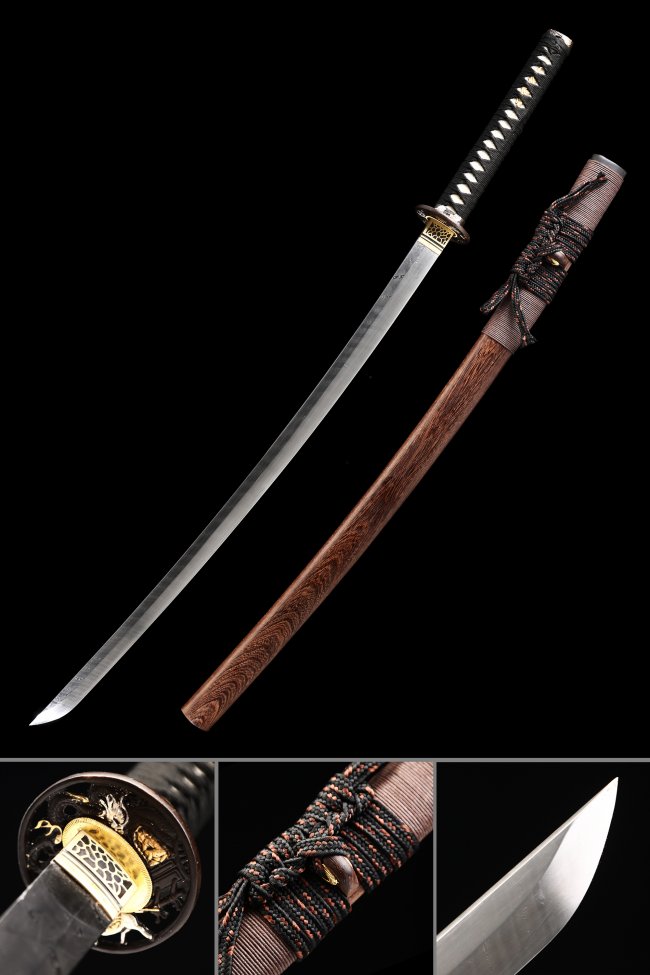 Damascus Steel Katana with Dragon Tsuba in Black-Gold - Brown Hardwood Saya, Full Tang