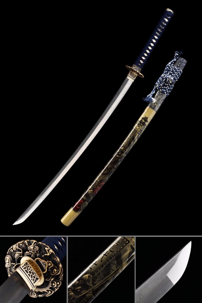 Damascus Steel Katana with Dragon Tsuba, Blue Tsuka-Ito & Painted Beige Hardwood Saya