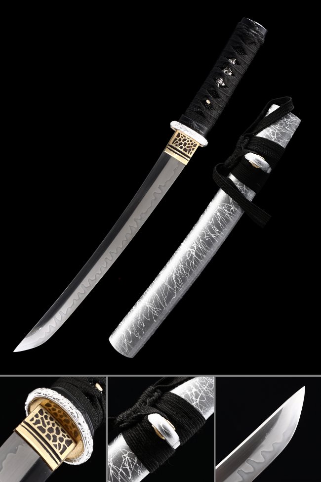 T10 Carbon Steel Tanto with Clay-Tempered Blade, Real Hamon - Silver Saya & Gold Alloy Tsuba