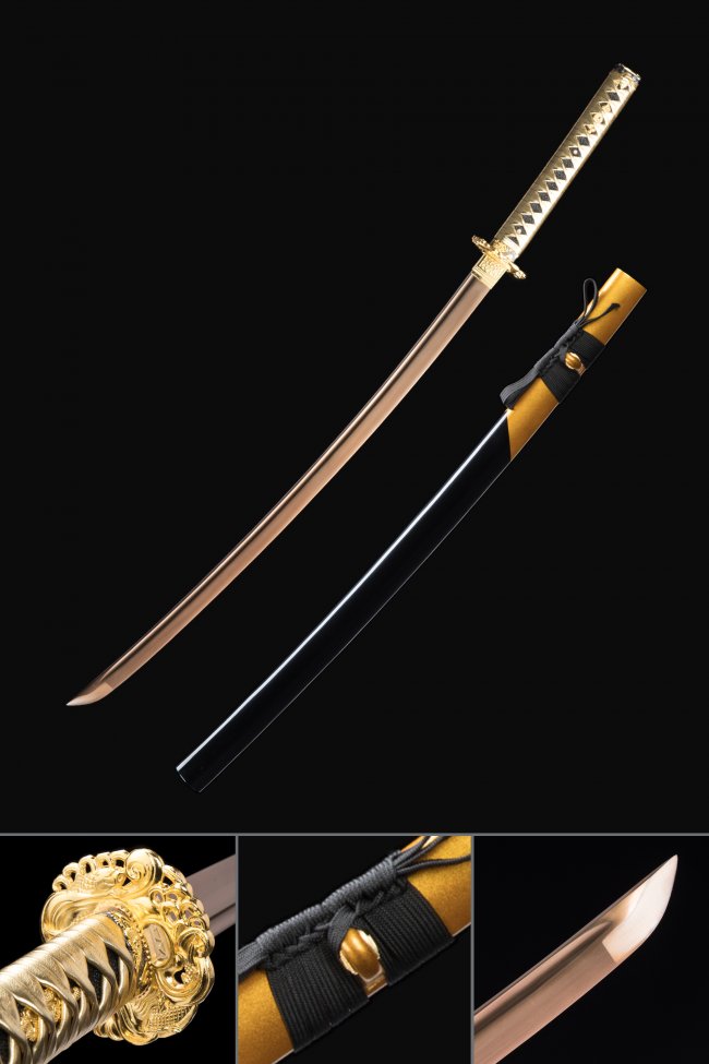 1060 Carbon Steel Katana with Golden Blade and Ornate Gold Alloy Tsuba in Black Saya