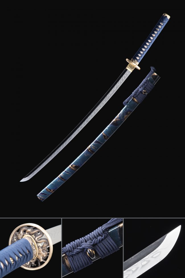 Dragon Tsuba T10 Carbon Steel Katana, Handmade, Blue Dragon Saya & Blue Tsuka