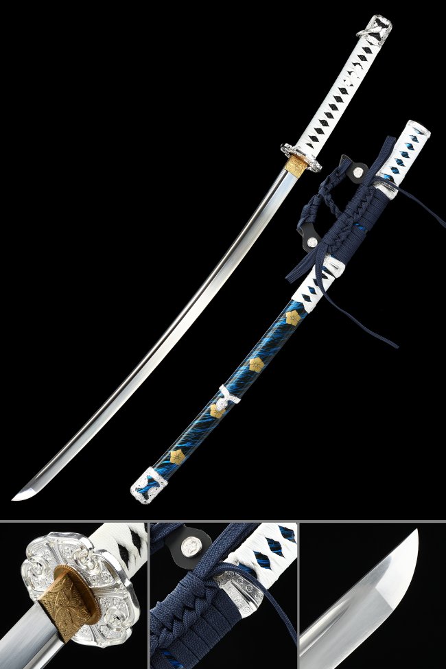 Spring Steel Katana with Blue-Black Lacquered Saya, White Cord Handle & Ornate Silver-Gold Tsuba