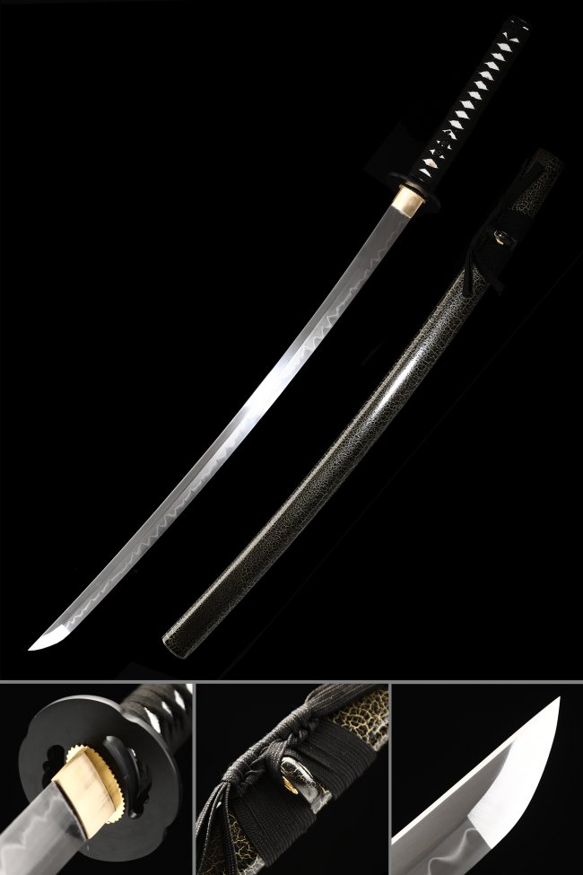 T10 Folded Clay Tempered Steel Katana with Real Hamon in Black Crackle Saya - Full Tang Collectible Sword