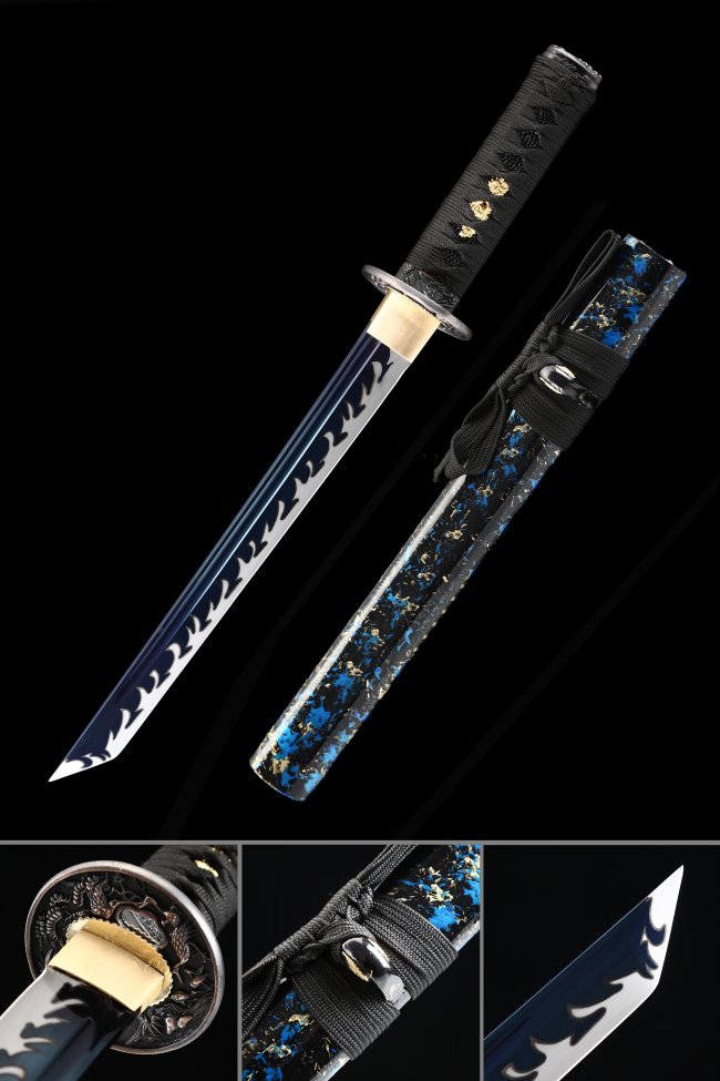 High Manganese Steel Tanto with Blue Flame Blade, Crane Tsuba and Blue-Black Lacquer Saya
