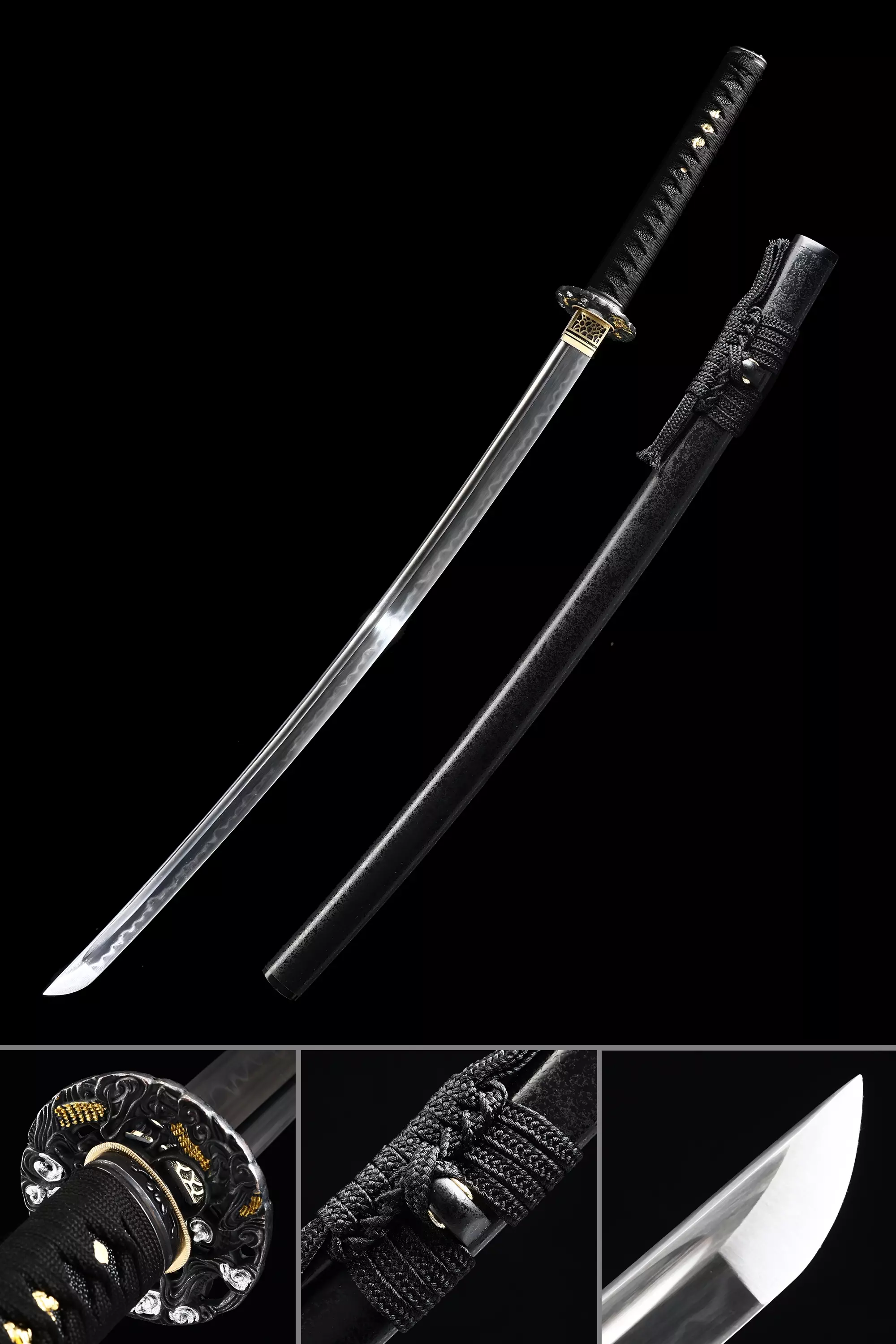 Black Katana | Handmade Japanese Katana Sword T10 Folded Clay Tempered ...