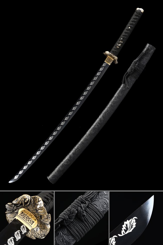 Black Blade Katana High Manganese Steel Full Tang with Floral Engraving and Gold Tsuba