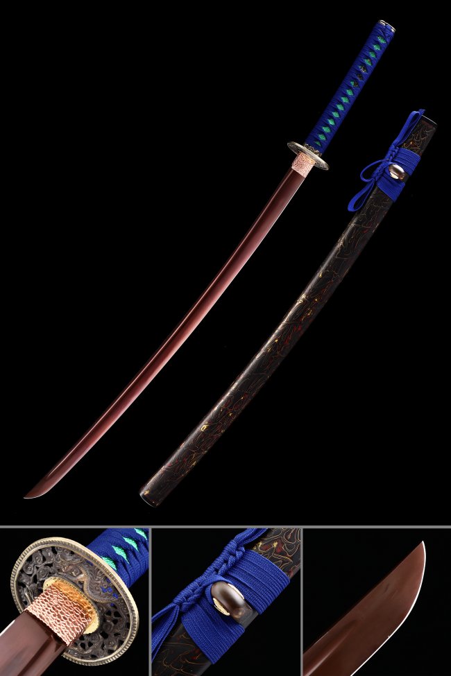 Red Blade Katana in Manganese Steel with Dragon Tsuba, Blue Tsuka-ito & Black Dragon Saya
