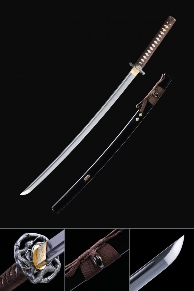 1060 Carbon Steel Katana with Snake Tsuba in Black Piano Lacquer Saya - Brown Ito Full Tang Sword