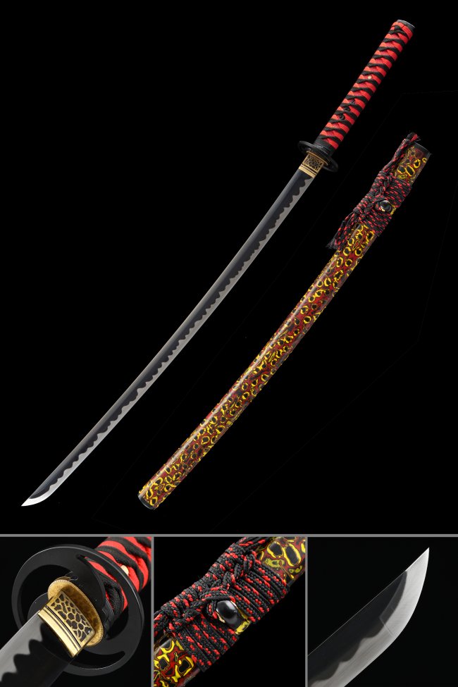 Black Blade Katana in Manganese Steel with Red-Gold Dragon Saya and Red-Black Tsuka Wrap