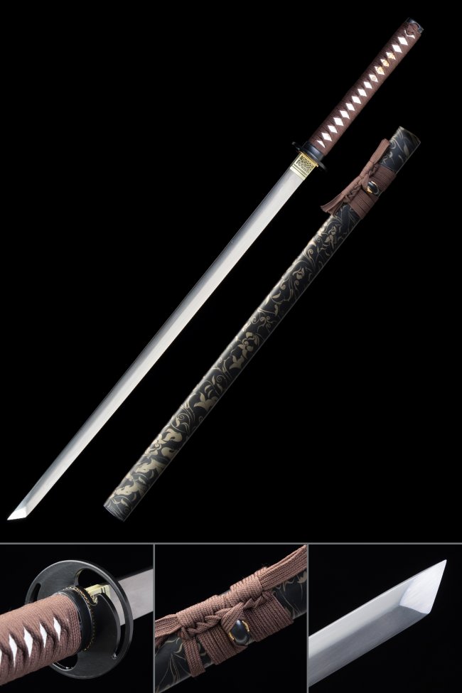 1060 Carbon Steel Chokuto Sword with Black Floral Lacquer Saya in Brown Tsuka Wrap