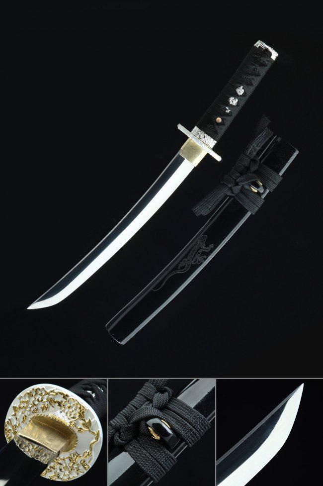 1045 Manganese Steel Tanto with Vine Tsuba in Black Lacquer Saya - Koshirae Style