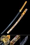 1065 Carbon Steel Blue Katana with Lightning Hamon in Graffiti Art Saya and Gold Flower Tsuba