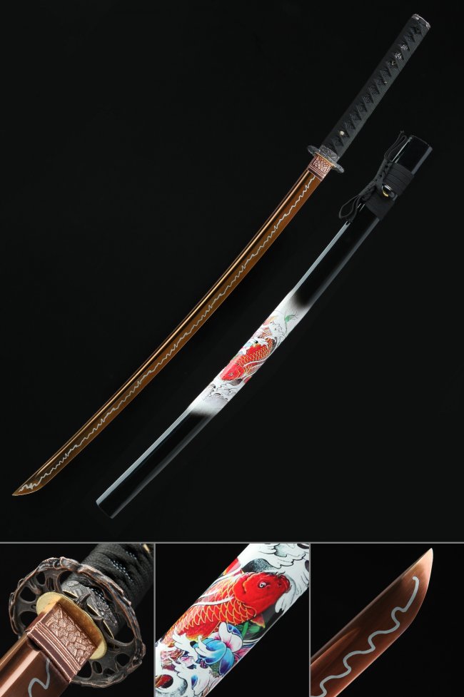 1095 Clay Tempered Katana with Rose Gold Blade in Koi Fish Painted Saya - Full Tang Japanese Sword