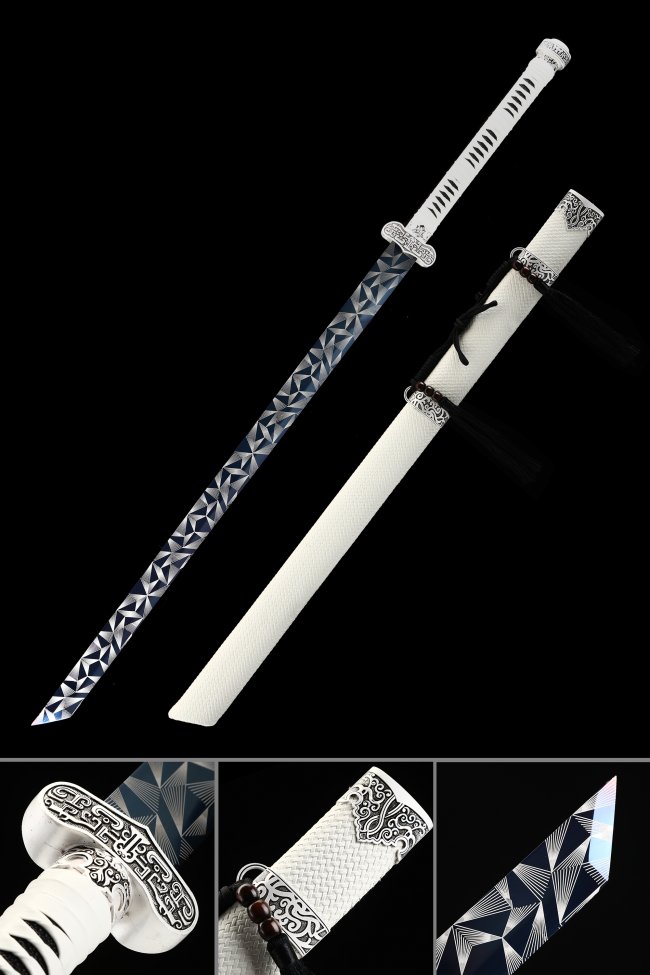 Chinese Dao Broadsword - Manganese Steel Blue Blade With Silver Scabbard & Geometric Etching 44 Inches
