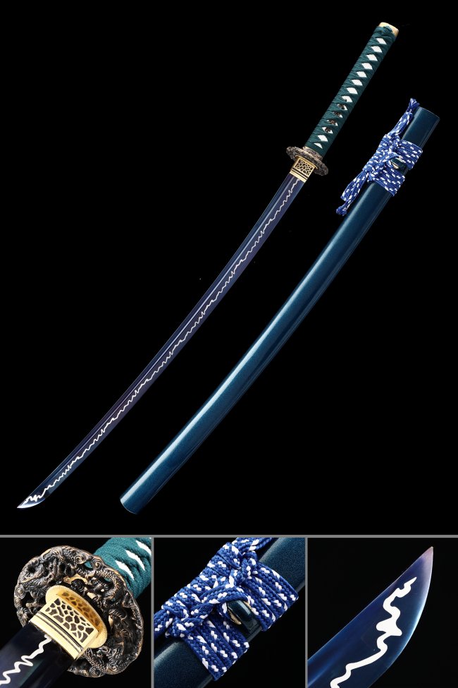 Blue Blade Katana in Manganese Steel with Dragon Tsuba, Teal Ito & Blue Lacquer Saya