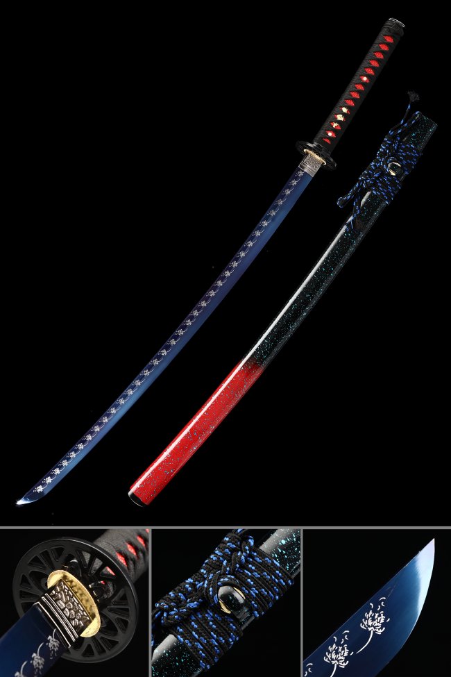 Blue Manganese Steel Katana with Flower Engraving, Black Geometric Tsuba and Lacquer Saya