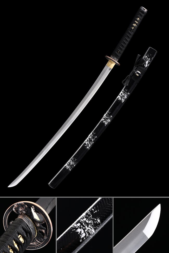 Manganese Steel Katana with Bronze Tiger Tsuba - Black Lacquer Saya & Full Tang Blade