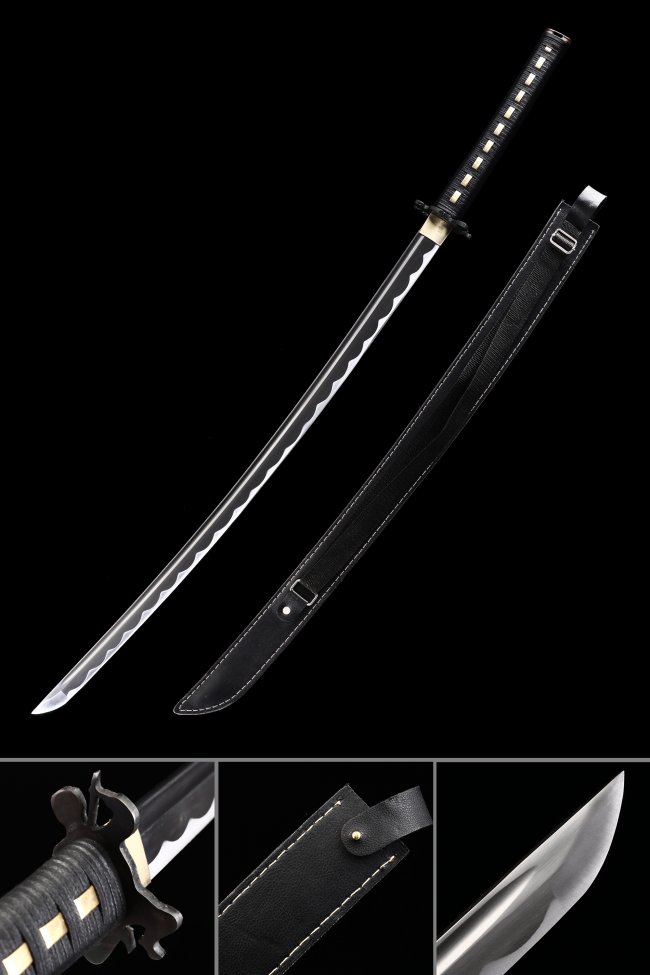 1045 Carbon Steel Katana with Wave-Engraved Black Blade in Leather Saya - Black Tsuka