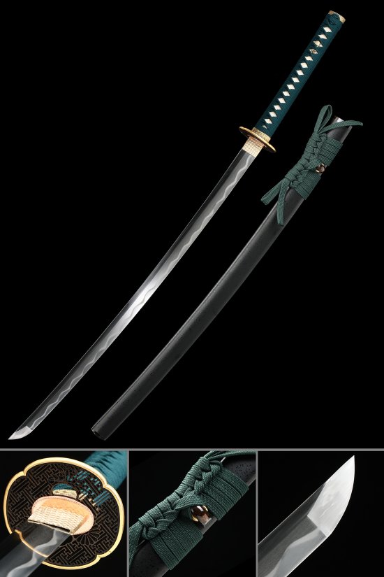 T10 Steel Real Hamon Katana with Teal Ito, Black Rayskin & Gold-Black Geometric Tsuba