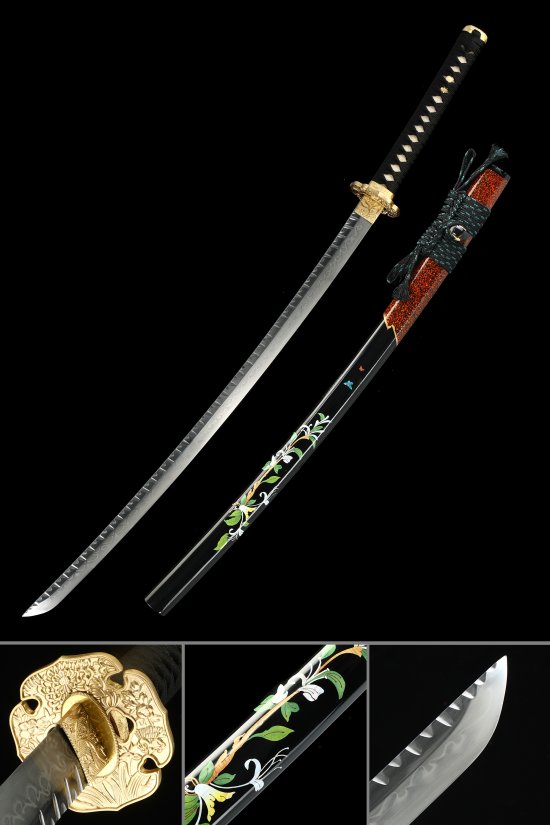 Koi Tsuba T10 Carbon Steel Katana, Handmade, Black Flower Saya & Black Tsuka