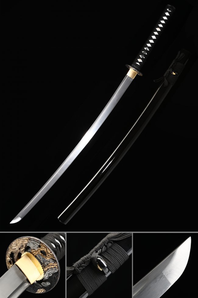 Damascus Steel Katana with Dragon Tsuba in Black Lacquer Saya - Full Tang, Folded Blade, 28.3" Nagasa