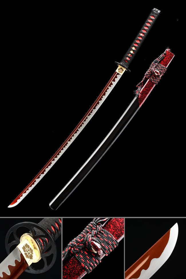 Red Blade Katana in Manganese Steel with Black-Gold Chrysanthemum Tsuba and Red-Black Lacquer Saya