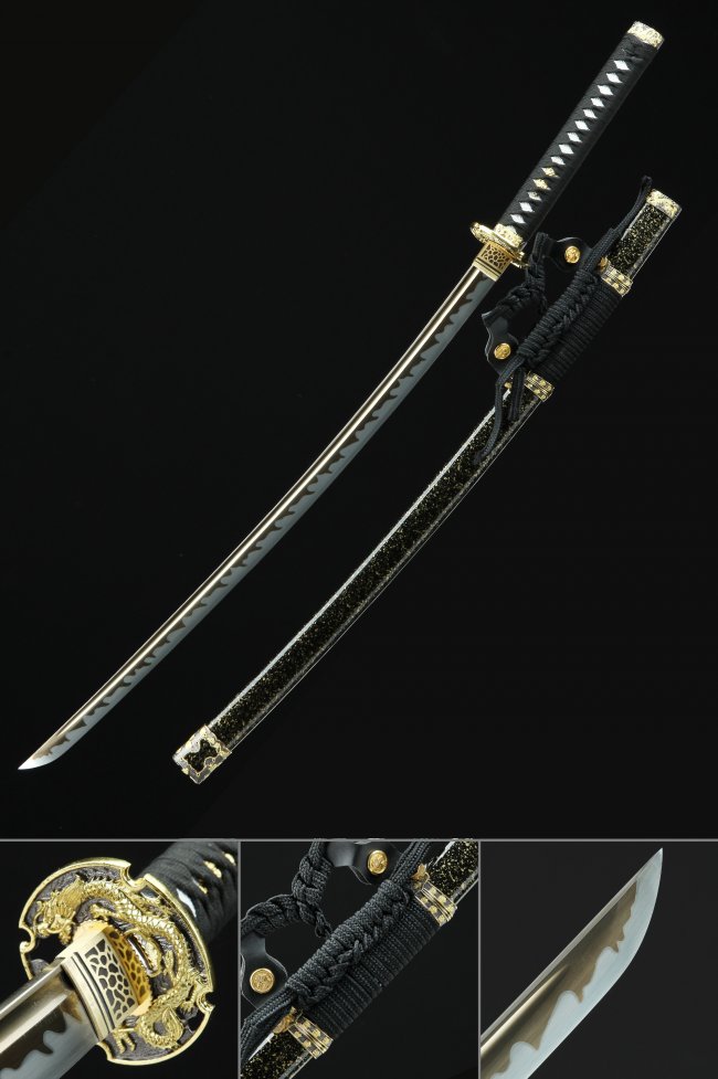 Odachi Sword High Manganese Steel with Dragon Tsuba - Black-Gold Saya, Chrome Blade, 41 IN