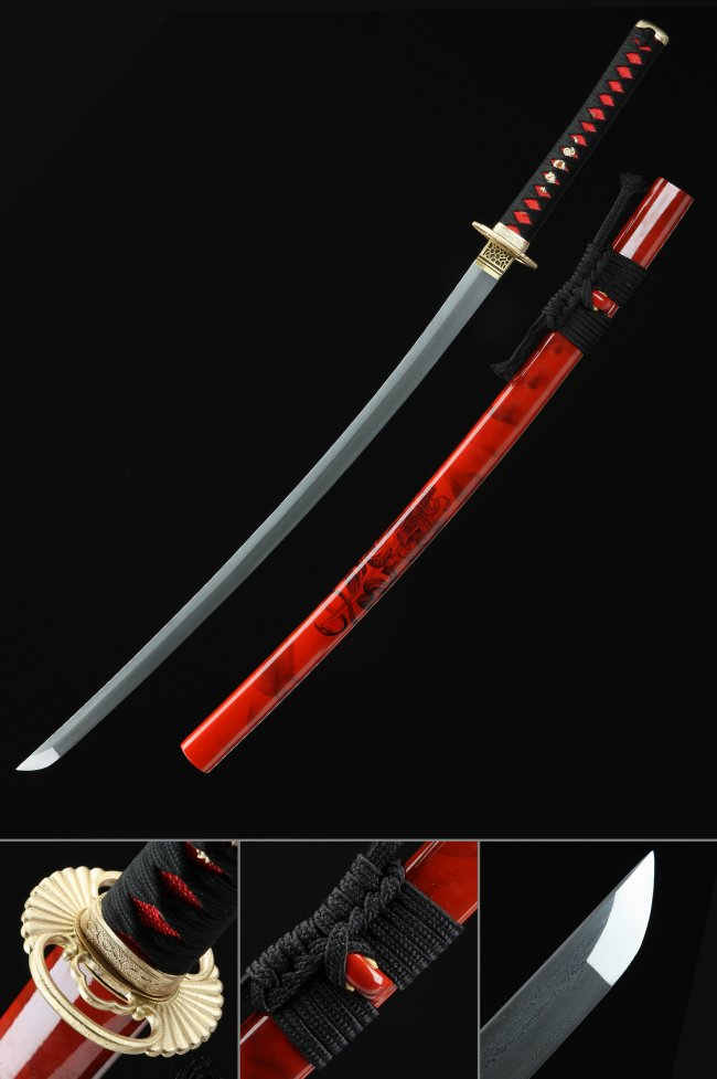 Damascus Steel Katana with Red Lacquered Dragon Saya - Gold Chrysanthemum Tsuba, Black-Red Tsuka