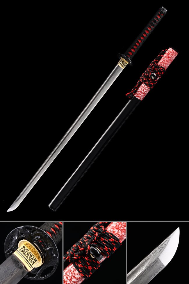 Damascus Steel Ninjato with Black Lacquer Saya - Red & Black Tsuka, Ornate Scroll Tsuba