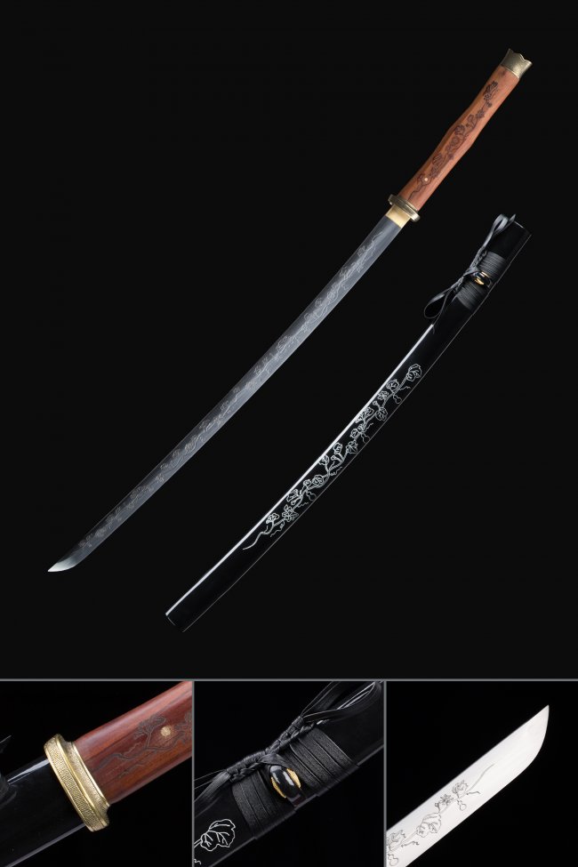 Manganese Steel Katana with Flower Engraved Blade in Black Lacquer Saya - Brown Handle