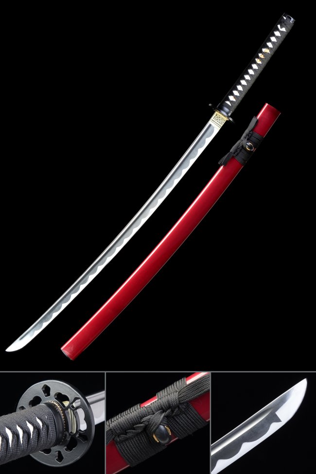 1060 Carbon Steel Katana with Red Lacquer Saya - Black Cord Handle, Geometric Iron Tsuba