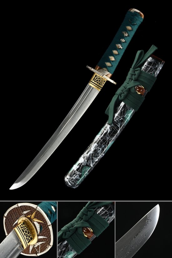 Folded Melaleuca Steel Tanto with Teal Cord Handle & Lightning-Pattern Black-White Saya