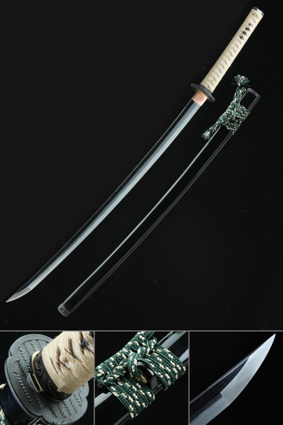 Tamahagane Steel Katana with Hamon - Black Saya, White Tsuka & Green-White Sageo