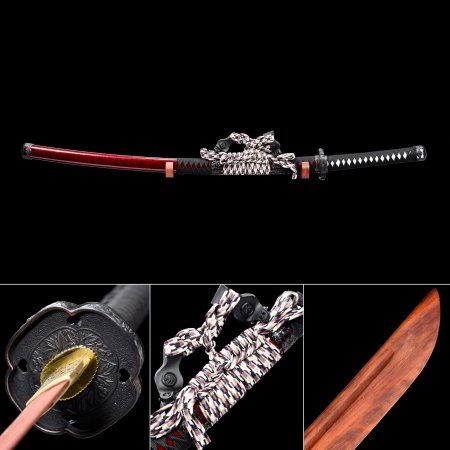 Handmade Rosewood Blade Unsharpened Katana Sword With Red Scabbard And Bronze Tsuba