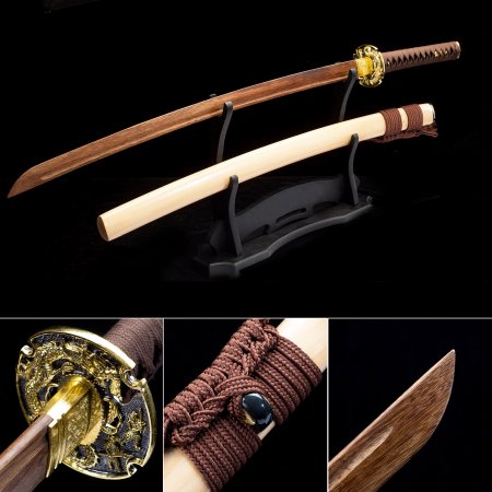 Handmade Brown Wooden Blade Unsharpened Katana Sword With Natural Scabbard And Alloy Tsuba