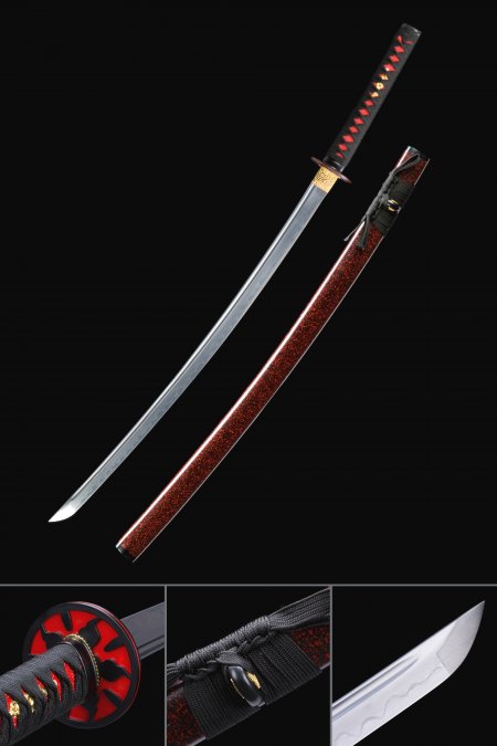 Japanese Katana Sword T10 Folded Clay Tempered Steel With Red Scabbard